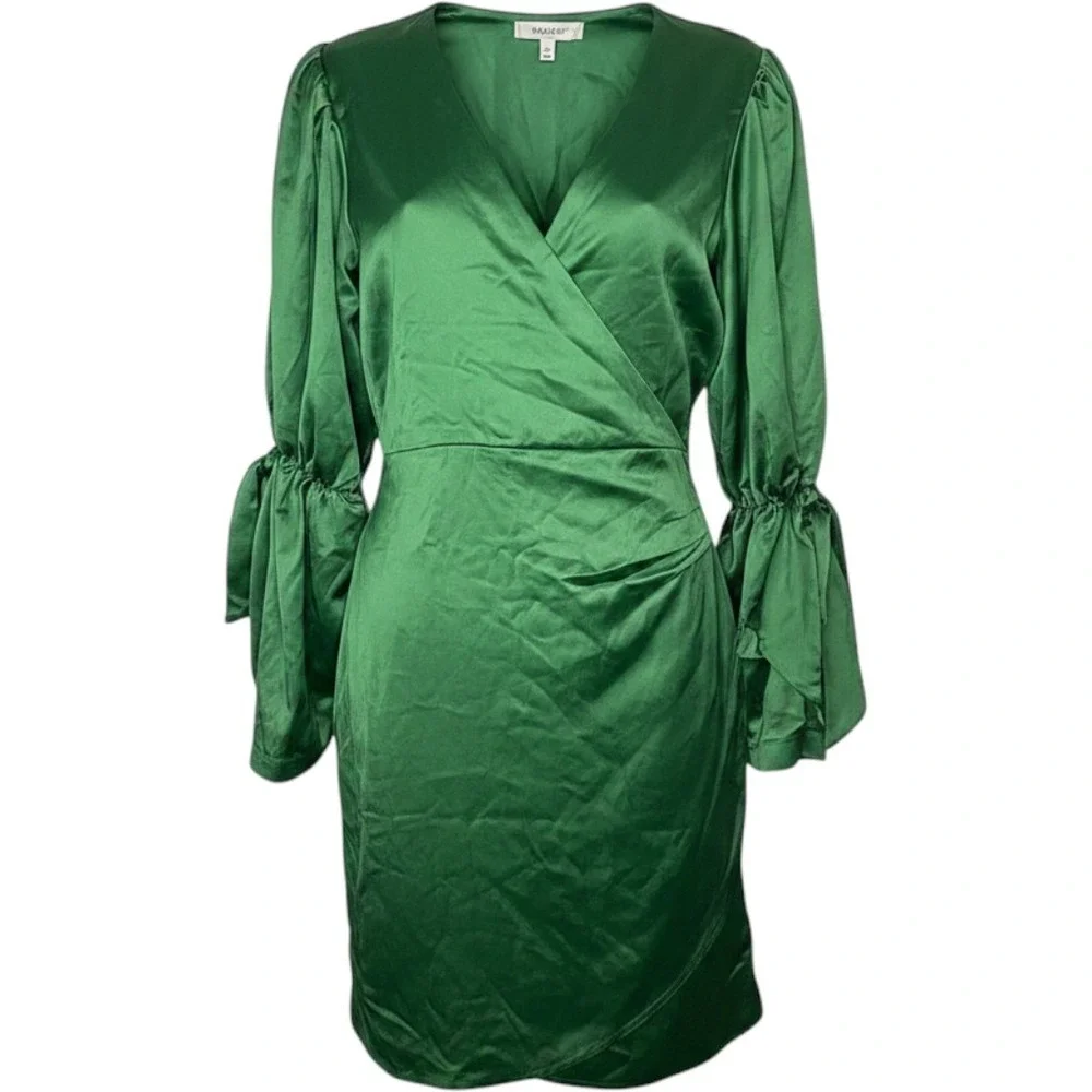 Marks & Curves Green Satin Wrap‎ Dress Womens Medium Emerald Bishop Sleeve Mini